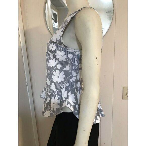 Anthropologie Paper Crown Peplum Tank Neutral Graphic Striped Floral V-Neck Sm - Picture 2 of 4